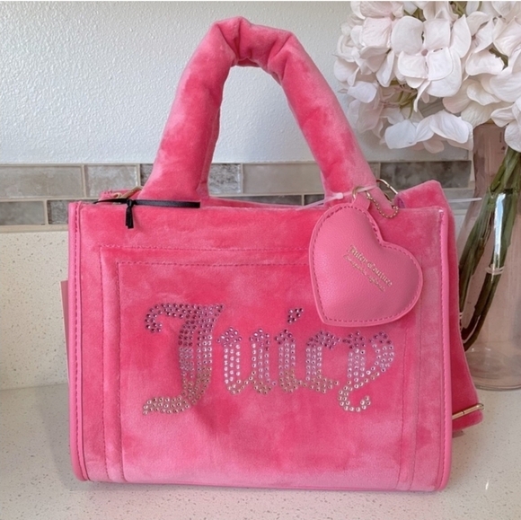 🔹️Juicy Couture Velour Pink Lemonade Big Spender Mini Tote Bag with Rhinestone - Picture 2 of 5